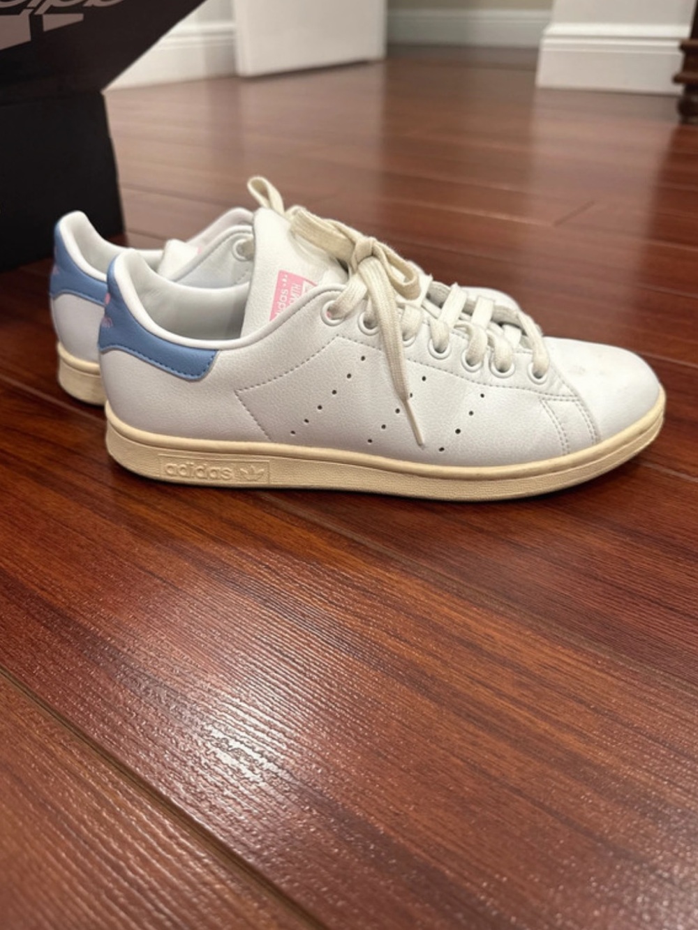adidas Women’s Stan Smith White Leather Sneakers with Light Blue/Pink